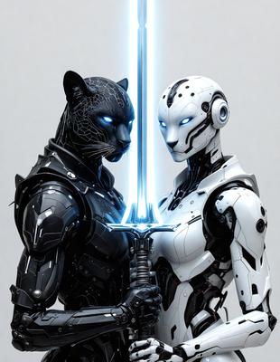 The primary subject of the image is a futuristic robot and a cat, both holding a sword. The robot is white and silver, while the cat is black and white. The setting is a futuristic environment, and the visual style is digital art. The dominant colors are silver, white, and black, creating a sleek and modern atmosphere.